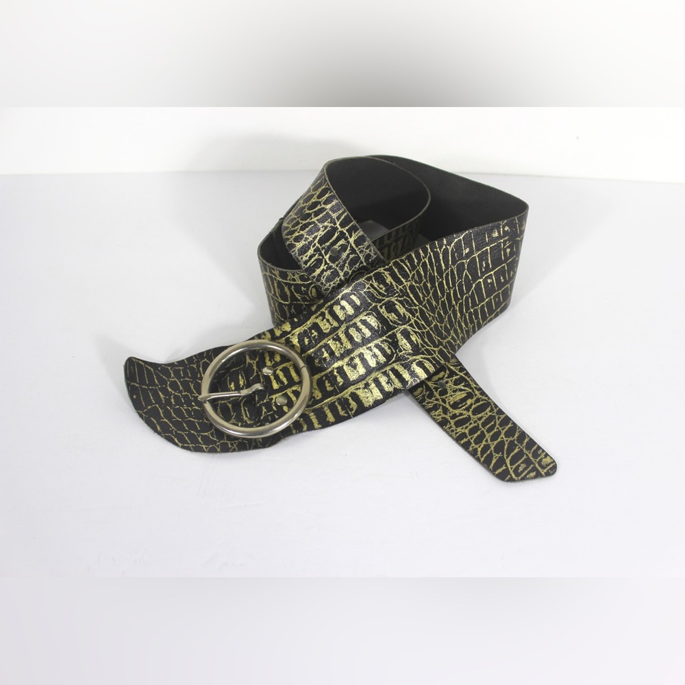 Vintage Black and Gold Leather Reptile Print Wrap Belt Wide Asymmetrical